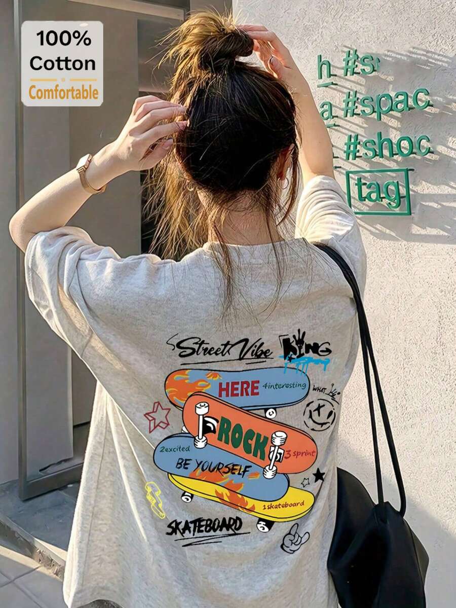 可爱滑板和英文印花短袖中长款 T 恤女款，棉质休闲上衣 - 花灰色 - 查看 1