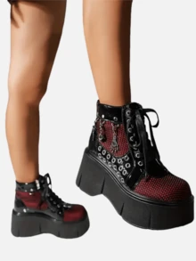 Goth Punk Women's Ankle Boots Thick Sole Round Toe Mesh Lace Up Zipper High Heel Chain Decoration All Season Solid Color Nightclub Party Boots - 紅色 - 查看 5