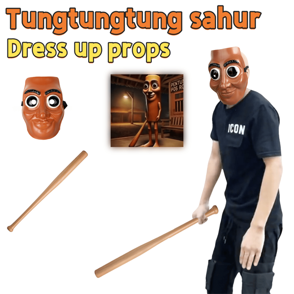 2 pièces Accessoire de costume d'Halloween - Masque de bâton en bois Tungtungtung Sahur, accessoire de blague amusante Meme d'animaux en décomposition cérébrale
