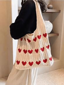 Women's Minimalist Large Capacity Heart Decor Knitting Weaving Shopping Bag, Casual Handbag And Travel Tote Bag