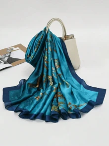 1条180*90厘米时尚优雅绿色孔雀羽毛印花柔软围巾，女士头巾、披肩、防晒围巾，适合旅行和连衣裙穿着