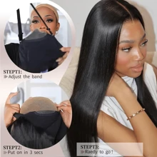 [Perruque en cheveux humains soyeux] Perruque lace closure droite brésilienne en cheveux humains sans colle de 20 pouces | Fermeture frontale en dentelle HD 4x4, pré-peignée et pré-découpée, densité de 180 %, prête à porter, fibre synthétique résistante à haute température mélangée avec des cheveux humains naturels noirs pour femmes