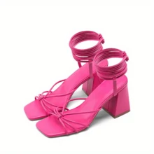 Women'S Lace Up Chunky Heel Sandals, Women'S High Heels Lace Up Chunky Block Heels Strappy Sexy Open Toe Heels Pumps Sandals - Bright Pink Color - View 1