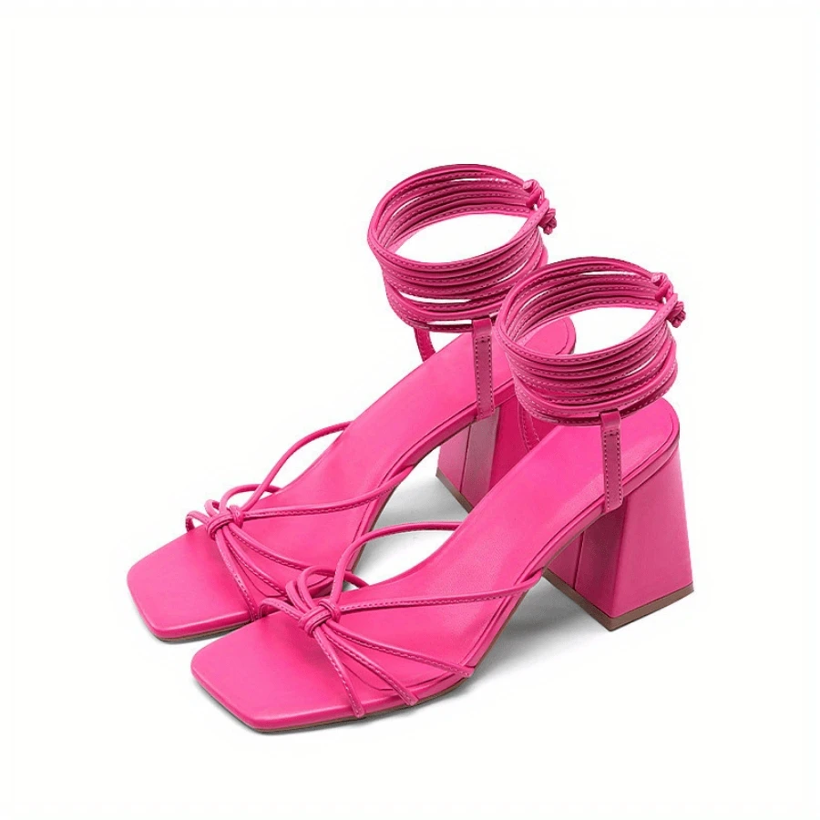 Women'S Lace Up Chunky Heel Sandals, Women'S High Heels Lace Up Chunky Block Heels Strappy Sexy Open Toe Heels Pumps Sandals - Bright Pink Color - View 1