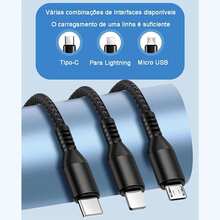 Cabo Carregador Rápido Reforçado 3 em 1 Micro-USB, Tipo C e Lightning