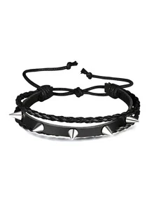 Yanxyad 朋克 PU 皮革男士手链套装、黑色朋克铆钉男女手链、骷髅铆钉星形链条手链、PU 皮革朋克手链、哥特黑色机车宽带可调节手镯腕带、哥特朋克男女手链及礼品 - 黑色 - 查看 8