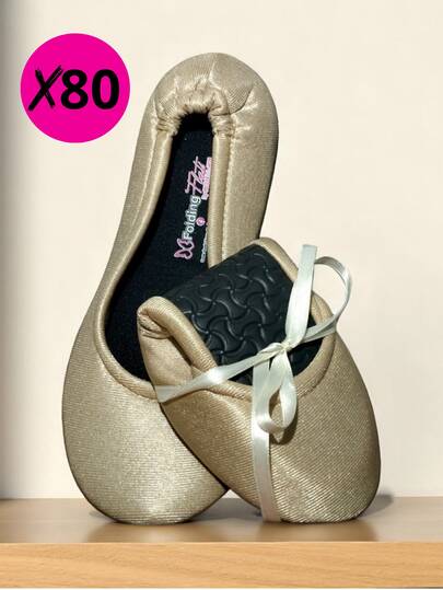 80 PARES/PAQUETE PANTUFLAS FOLDING FLATS "DORADO SATINADO" PARA BODA XV AÑOS EVENTOS RECUERDOS "FUERA TACONES BAILAR" SAT1 BASIC