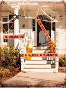32.8ft-Halloween Isolation Warning Tape, 5m*8.5cm Orange Danger Warning Indication Marking Line, Courtyard Outdoor Layout Prop Line, Danger No Entry, No Admittance Warning, Skull And Crossbones Design, Warning Tape Banner, Used For Festival Prank Decorations, Thriller Horror Party Decorations, Halloween Decorative Warning Tape - Orange - View 3