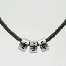 Custom Surname Necklace, 50cm Black Leather Chain, Stainless Steel Beads, Unisex Magnetic Pendant Necklace - Silver - View 5