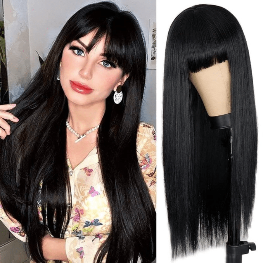 24 Inches Black Straight Hair Wig With Bangs, Synthetic Fiber Material, Looks Natural, Suitable For Daily Party And Role-Playing Use.
