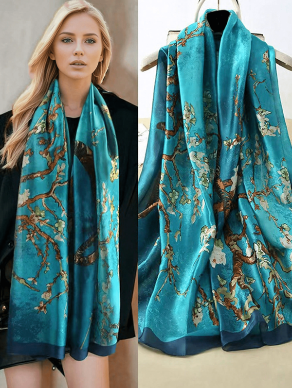 1pc 180*90cm Fashionable Elegant Green Peacock Feather Print Soft Scarf, Women's Head Scarf, Shawl, Sun Protection Wrap For Travel