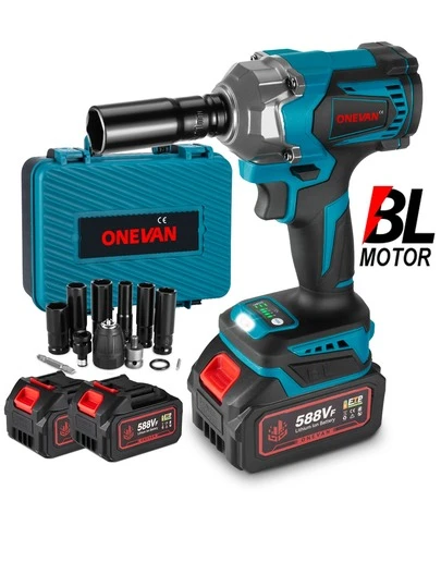 ONEVAN Taladro conductor de impacto sin escobillas de 1/2 "con caja de herramientas, reparación de automóviles, carpintería, juego de herramientas eléctricas DIY