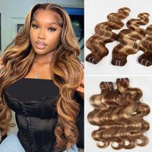 HJ WEAVE BEAUTY Extension per capelli umani Remy, castano chiaro con mèches, grado 12A, P4/27, castano miele, non trattati, brasiliani vergini, ondulati, per donne, trama doppia, 14-26 pollici, resistenti al calore