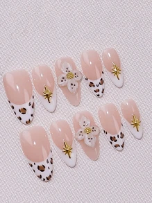 10pcs Set 3D Handmade Carved Press-On Nails, Short & Medium Length French Style Elegant Manicure, Reusable, Includes 1pc Jelly Gel & 1pc Nail File, Suitable For Women & Girls, Daily, Office, Party
