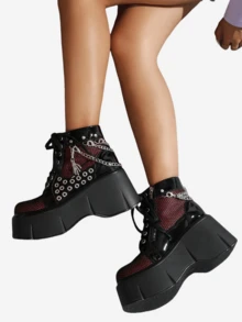 Goth Punk Women's Ankle Boots Thick Sole Round Toe Mesh Lace Up Zipper High Heel Chain Decoration All Season Solid Color Nightclub Party Boots - 紅色 - 查看 4