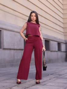 Women's Luxury Stylish Tailored Set, Wide Leg Pants And Linen Blouse - 酒紅色 - 查看 1