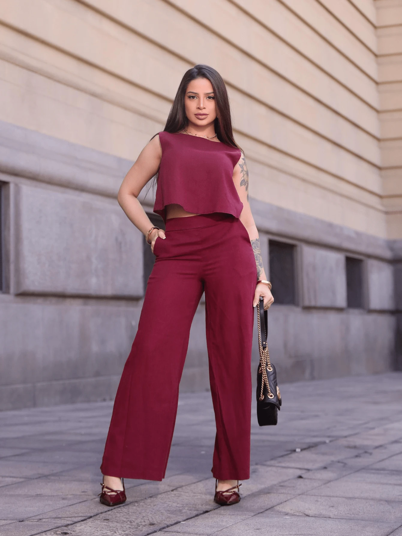 Women's Luxury Stylish Tailored Set, Wide Leg Pants And Linen Blouse - 酒紅色 - 查看 1
