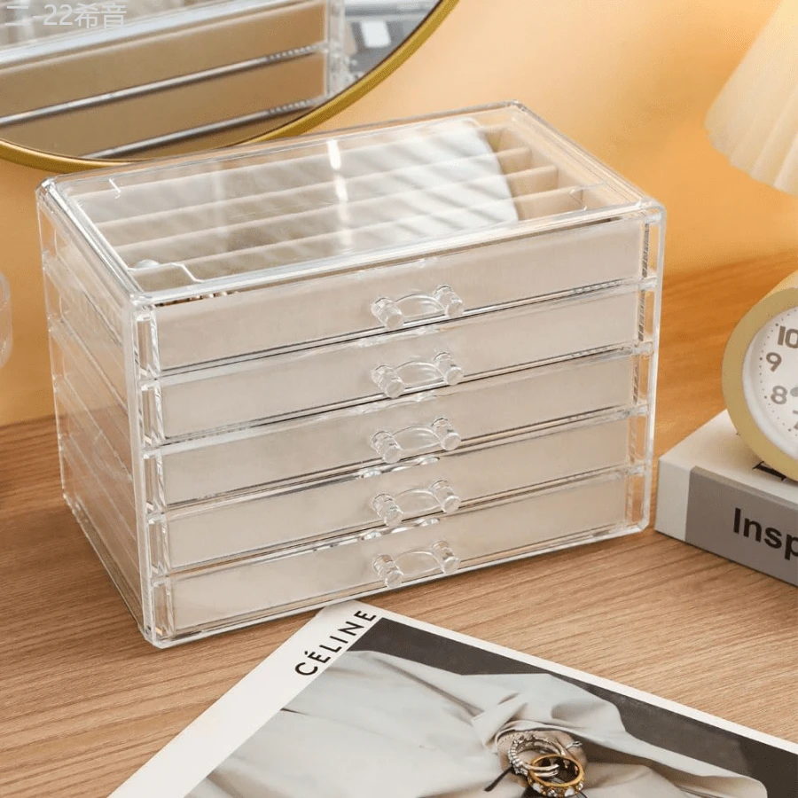 Local Delivery- Organizer Box With Clear Lid, Dustproof Velvet Jewelry Holder Storage Display Case, Stackable Acrylic Necklace Tray Drawer Insert For Women And Girls (Beige,3 Drawers) - 米色-5層 - 查看 1