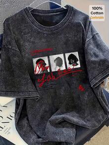 女士黑色水洗棉超大短袖T恤，宽松修身，复古时尚设计 - 黑色 - 查看 1