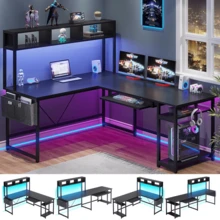 Escritorio en Forma de L, Escritorio reversible, Escritorio Gamer con Luces LED, Bandeja de Teclado y Bolsa de Almacenamiento para Oficina en casa, Negro - Negro - Ver 4