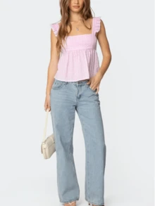 Women Y2K Plaid Babydoll Tank Tops Ruffle Hem Straps Square Neck Loose Fit Gingham Camisole Crop Tops Summer Backless Sleeveless Vests Shirts Cute Going Out Tops Vintage Aesthetic Clothes Streetwear - Hồng - Xem 4