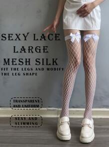 1 Pair Bow Half-Length Fishing Net Socks, Summer Thin Lolita Over-The-Knee Socks, Sexy Lace Large Mesh Silk Socks