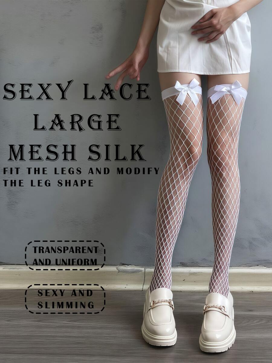 1 Pair Bow Half-Length Fishing Net Socks, Summer Thin Lolita Over-The-Knee Socks, Sexy Lace Large Mesh Silk Socks