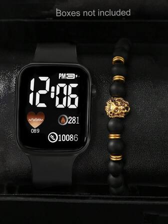 2 件/套 1 件时尚休闲电子手表和 1 件狮头串珠手链适合男士聚会、节日、生日或作为送给兄弟的完美礼物