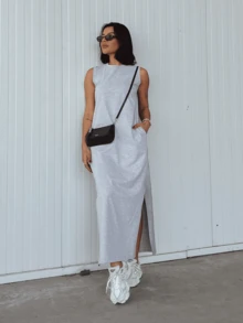 Kit Of 2 Women's Dresses 100% Cotton Long Scoop Neck - Đỏ và Xám - Xem 4