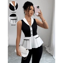 Local Warehouse- Women's Elegant V-Neck Short Sleeve Blouse - Lightweight 100% Polyester With Black & White Contrast Trim, Machine Washable Regular Fit Shirt For Spring/Summer Casual & Office Wear, Cute Short Sleeve Tops, Summer Fashion, Durable Fabric - Bảng màu đen trắng - Xem 2