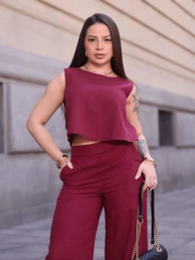 Women's Luxury Stylish Tailored Set, Wide Leg Pants And Linen Blouse - 酒紅色 - 查看 3
