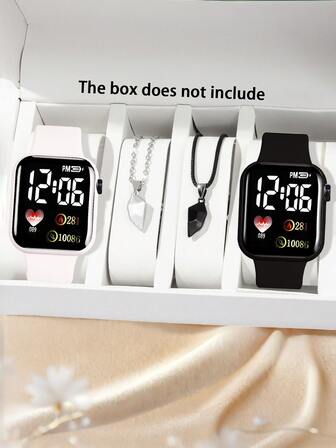 4pcs/Set Fashion Exquisite Set/2pcs Simple Electronic Digital Watch And 2pcs Male And Female Couple Heart Pendant Couple Necklace Set