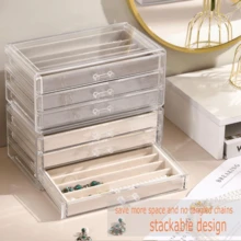Local Delivery- Organizer Box With Clear Lid, Dustproof Velvet Jewelry Holder Storage Display Case, Stackable Acrylic Necklace Tray Drawer Insert For Women And Girls (Beige,3 Drawers) - 米色-5層 - 查看 2