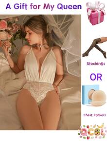 Women's Sexy Lace Mesh Teddy Bodysuit | V-Neck Babydoll Lingerie | Backless One-Piece Nightwear | Valentine's Day Gift | Free Accessories Included