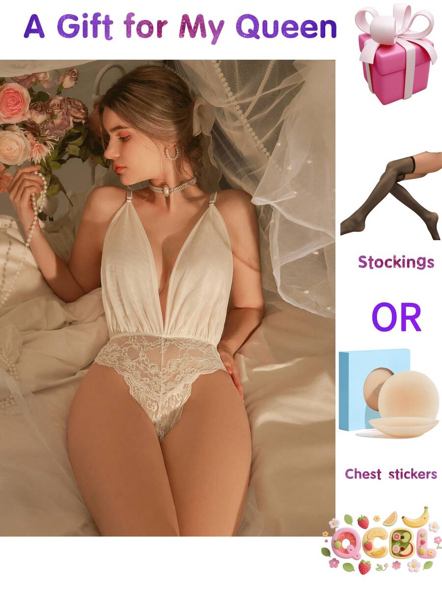 Women's Sexy Lace Mesh Teddy Bodysuit | V-Neck Babydoll Lingerie | Backless One-Piece Nightwear | Valentine's Day Gift | Free Accessories Included
