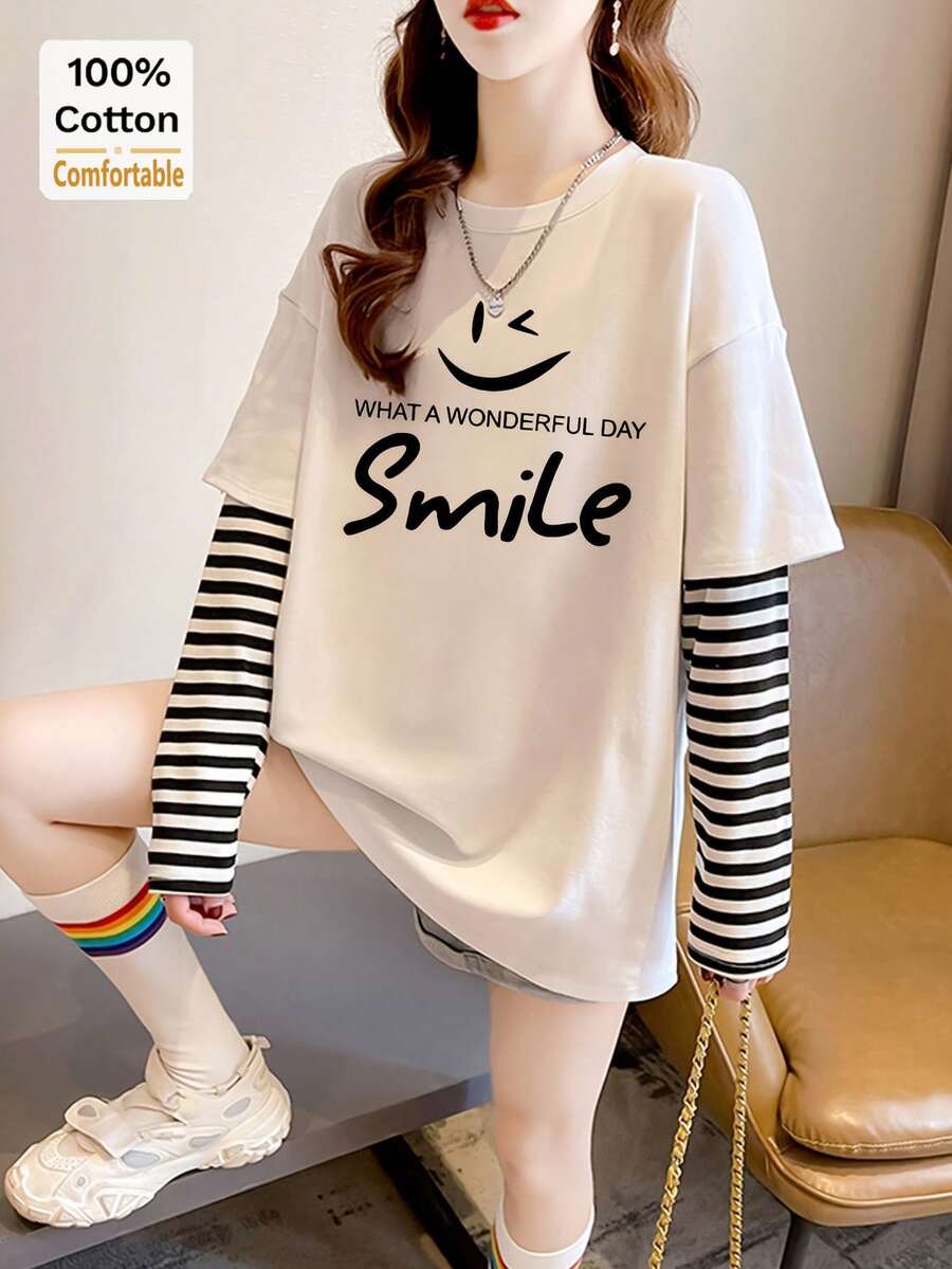 1 件女士条纹休闲长袖仿多层 T 恤 - 白色 - 查看 1