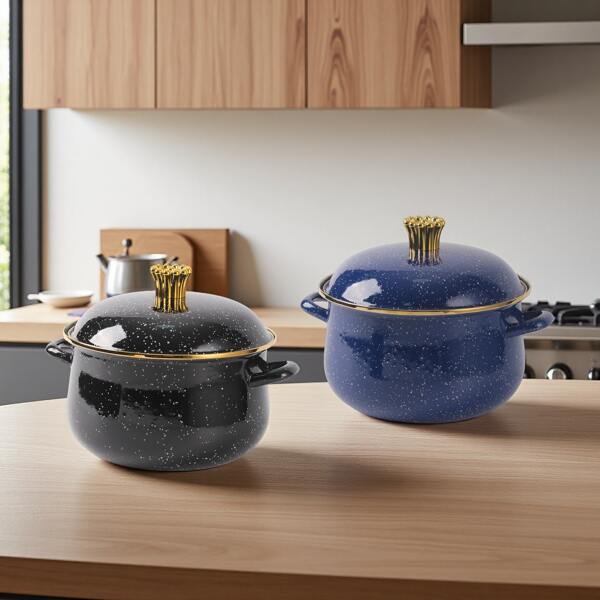 1pc High-Quality Multifunctional Enamel Black/Blue Pot, 20cm/24cm, Suitable For Meals, Boiling, Stewing Meat & Veggies, Easy To Clean Non-Stick Pot, Compatible With Gas Stove & Electric Cooker, For Restaurant, Home Kitchen, Outdoor Cooking