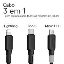 Cabo Carregador Rápido Reforçado 3 em 1 Micro-USB, Tipo C e Lightning