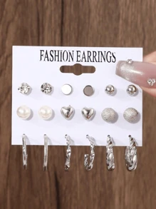 9 pares Brincos com Pérolas Falsas e Decoração de Coração, Dia dos Namorados, Mãe, Dia das Mães, Presente
