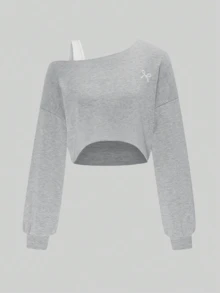 女士纯色斜肩长袖蝴蝶刺绣印花休闲短款卫衣 春季 - 淺灰色 - 查看 1