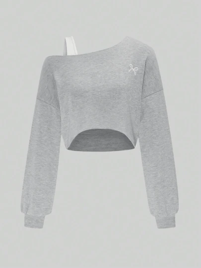 เสื้อสเวตเชิ้ตแขนยาวไหล่เฉียงปักลายผีเสื้อสีพื้นสำหรับผู้หญิง สไตล์ลำลอง สำหรับฤดูใบไม้ผลิ