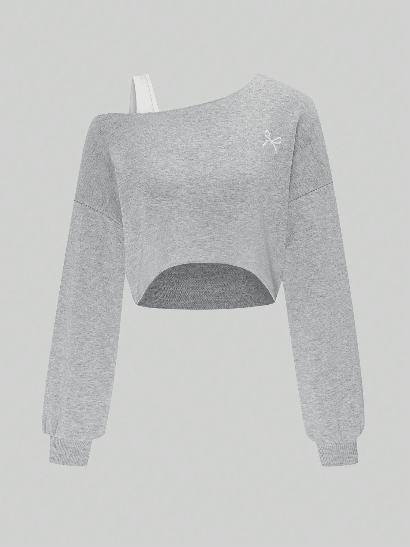 女士纯色斜肩长袖蝴蝶刺绣印花休闲短款卫衣 春季 - 淺灰色 - 查看 1