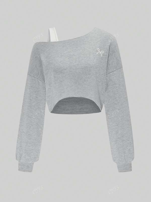 Women's Solid Color Oblique Shoulder Long Sleeve Butterfly Embroidery Print Casual Short Sweatshirt
