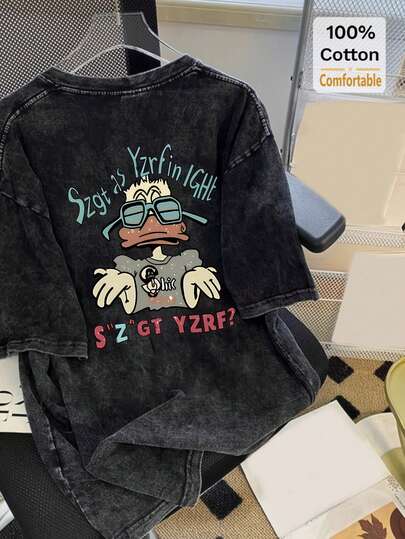 黑色卡通短袖T恤，宽松修身设计，时尚复古黑色超大休闲款