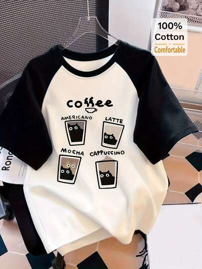 Women Coffee Print & English Letter Graphic Loose Fit Oversized Longline T-Shirt, Fashion & Chic Casual Summer