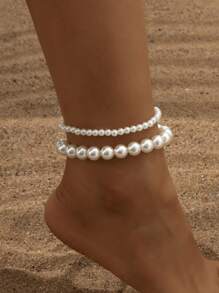 Conjunto de 2 tornozeleiras com contas de pérolas, tornozeleira moderna e minimalista com contas de pérolas falsas, tornozeleira pequena e grande com pérolas para uso na praia, para meninas e mulheres
