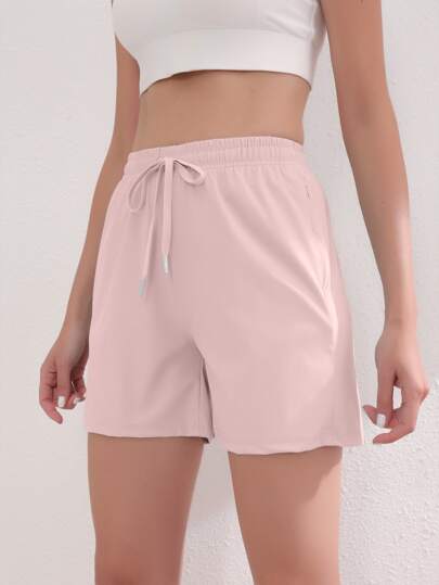 1pc Ice Silk Solid Color Drawstring Waist Outdoor Pocket Casual Sporting Stretchy Shorts
