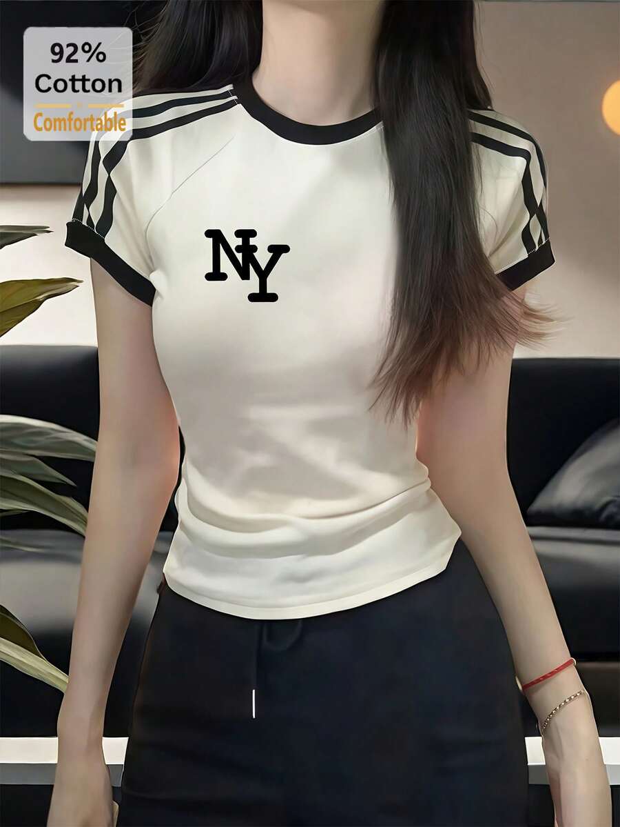 女款四条纹短袖猫咪印花修身T恤