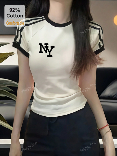 女款四条纹短袖猫咪印花修身T恤