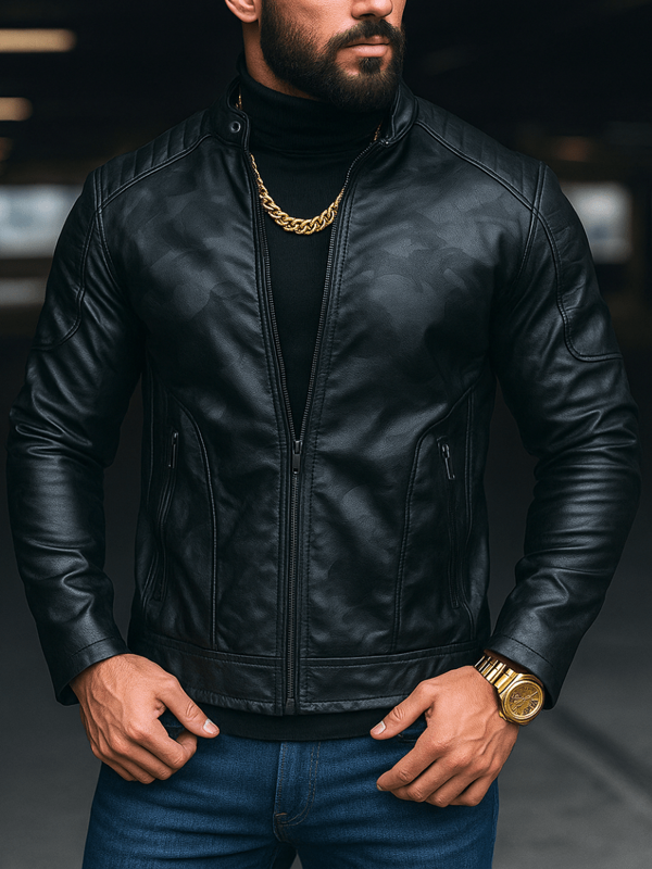Chamarra de Vinipiel Biker Hombre con Estilo Camuflaje Negro-Gris oscuro, Cuello Mao, Forro Suave, Moda Rebelde, hombreras